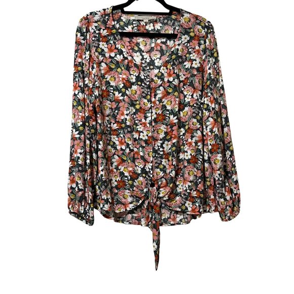 LOFT Tops - Loft size L pink floral knotted hem long sleeve v neck top